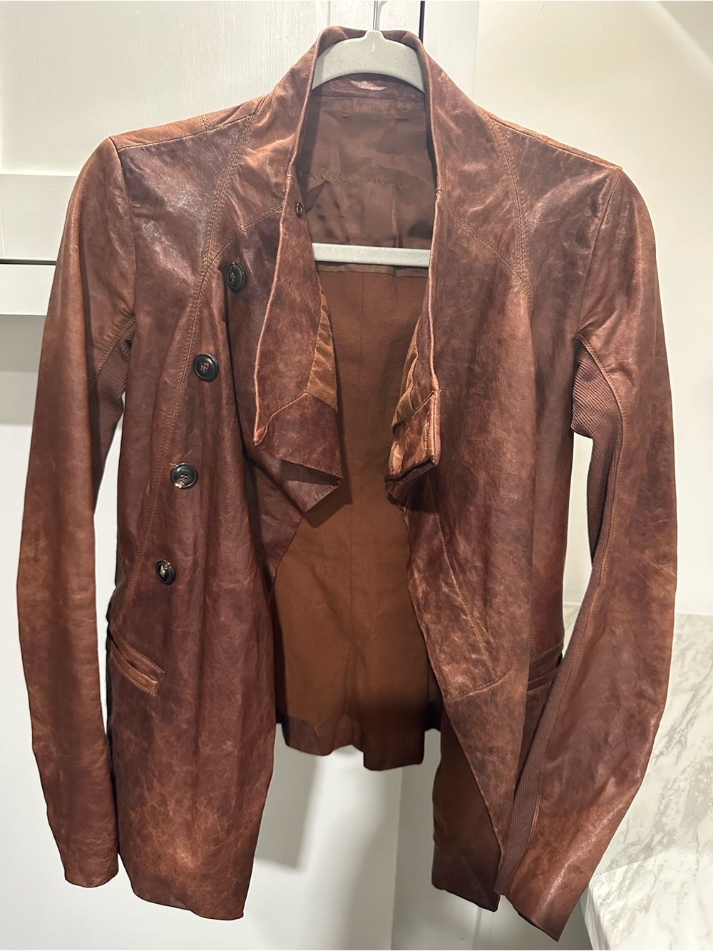 Rick Owens Distressed Brown Leather Draped Jacket
